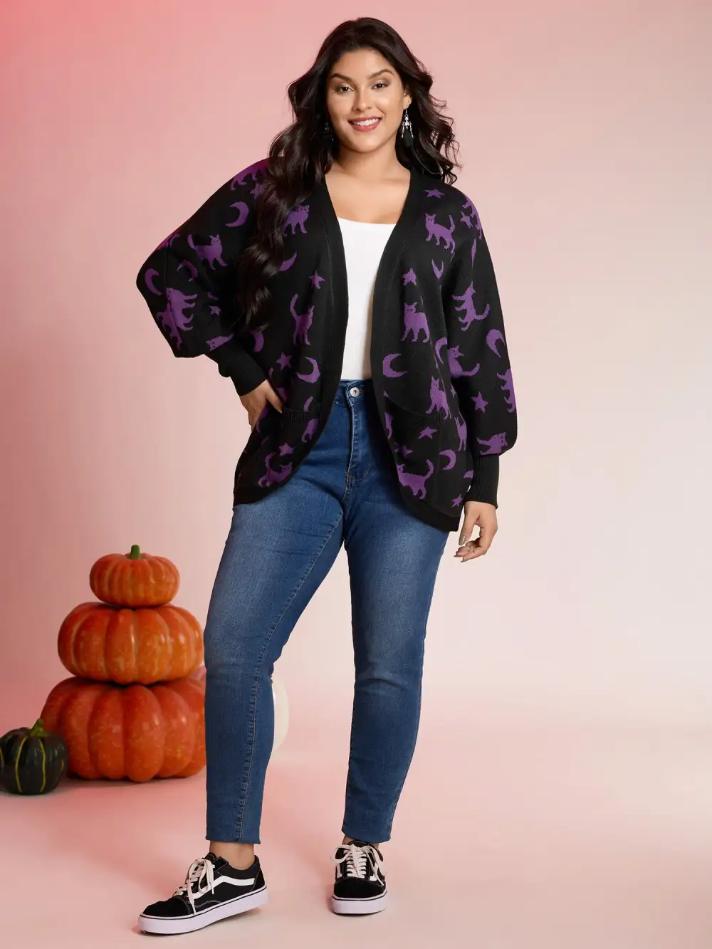 Halloween Jacquard Print Pockets Knit Cardigan