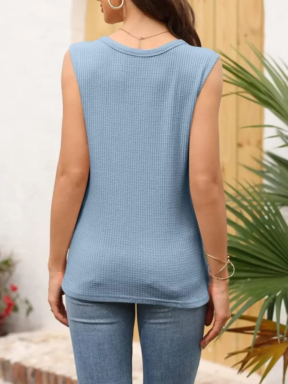 ✨Womens V Neck Waffle Knit Summer Casual Sleeveless Loose Tank Tops