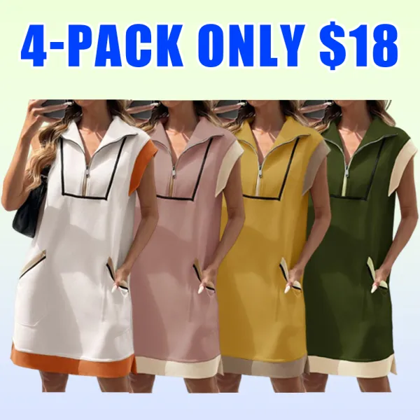 Women's Casual Sleeveless Zip Mini Dress – Contrast Cap Sleeve Sweatshirt Style