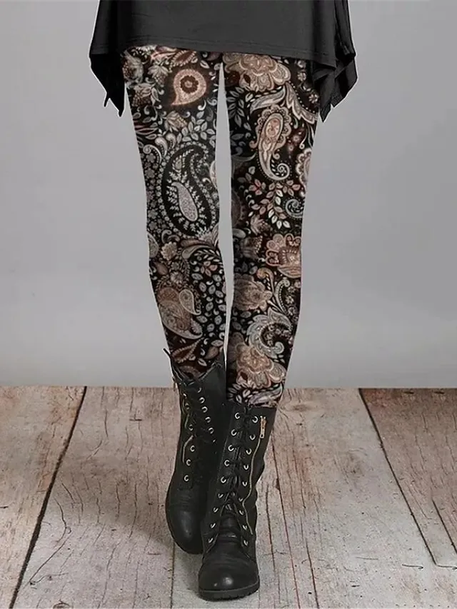 Women's Floral Pattern Leggings Full Length Print Micro-elastic High Waist Vintage Ethnic Style Halloween Daily Wear S 5XL Fall & Winter
