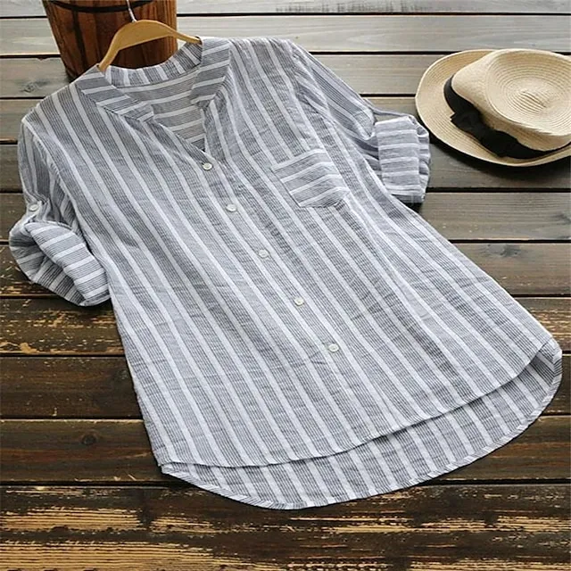Women's Blouse Light Blue Stripes V Neck Button Front Office Shirt Long Sleeve Blouse For Spring  Summer Autumn