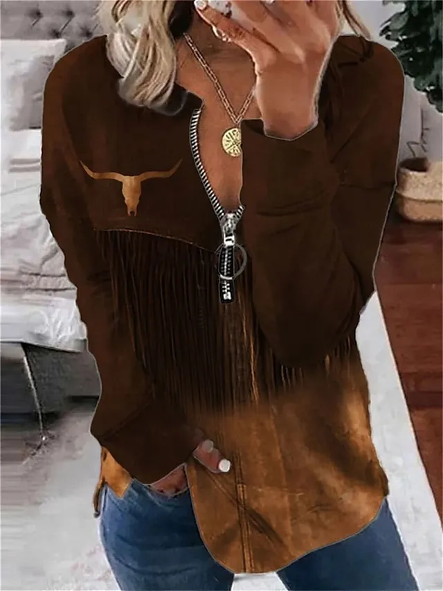 Women's Sweatshirt Pullover Vintage Ethnic Quarter Zip Yellow Blue Brown Leopard Geometric Street Casual V Neck Long Sleeve Top Micro-elastic Fall & Winter