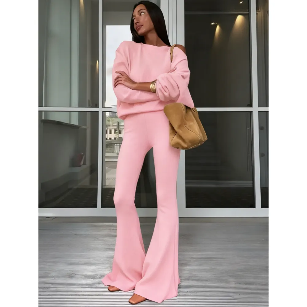 Women's Solid Asymmetrical Neck Top & Flare Leg Pants Set
