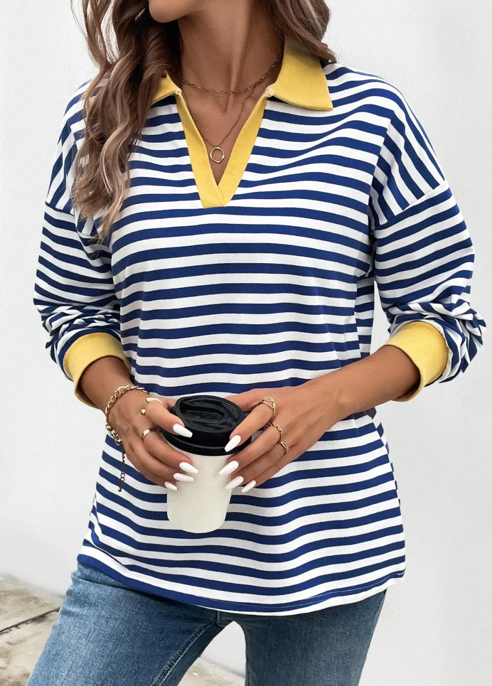 Navy Patchwork Striped Long Sleeve T Shirt