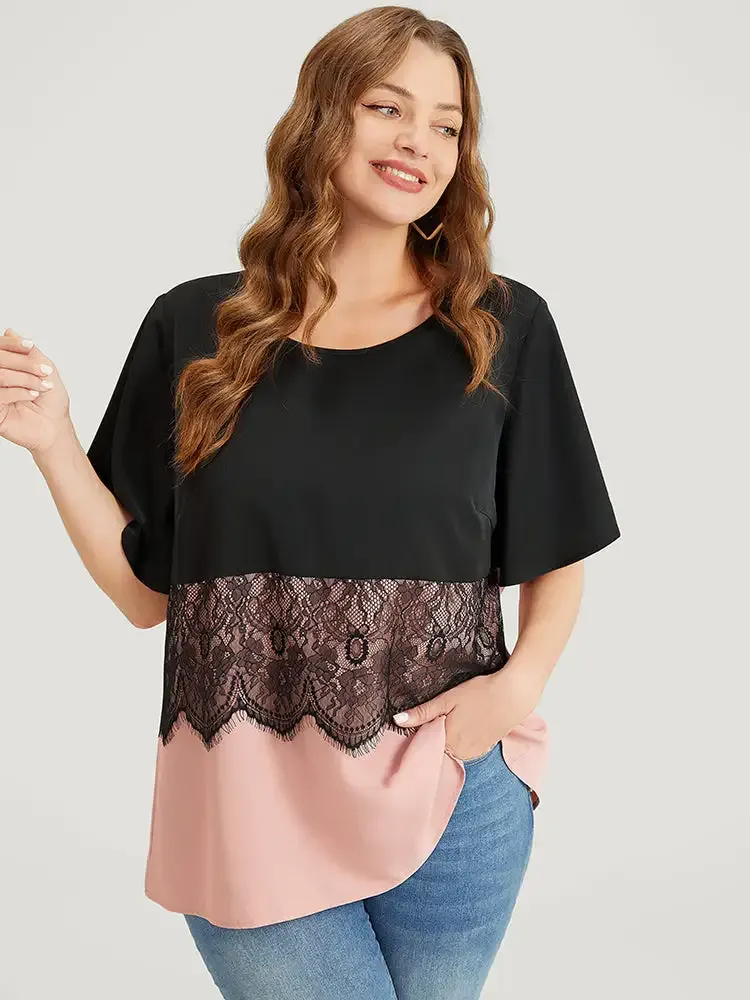 Colorblock Contrast Lace Panel Ruffles Blouse