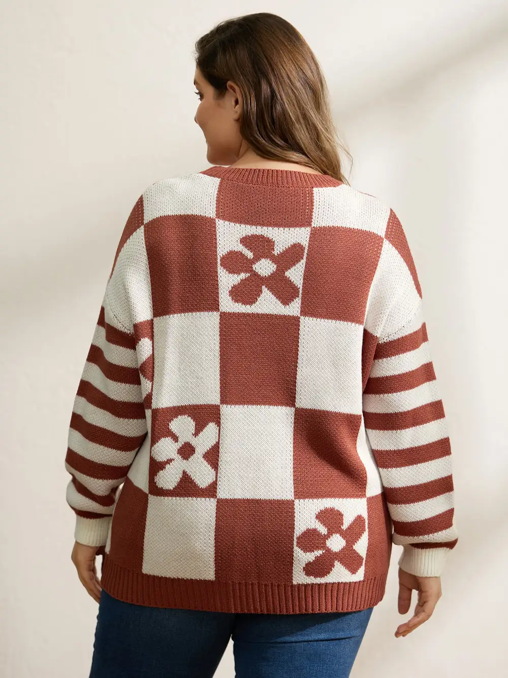 Checkered Floral Stripe Sleeve Jacquard Pullover