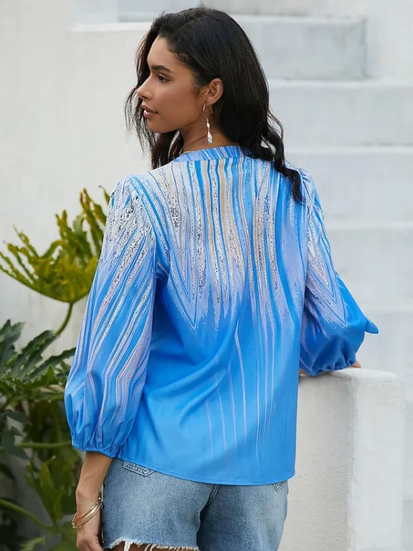 Women's Shirt Blouse Graphic Button Print Casual Fashion Long Sleeve Standing Collar Blue Spring &  Fall