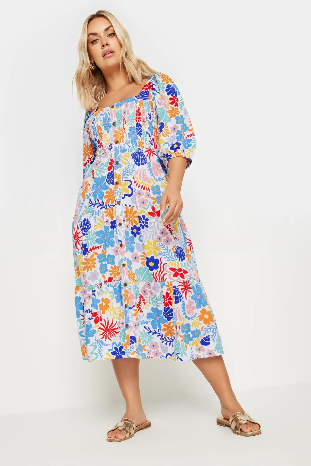 YOURS Curve White Floral Print Button Front Tiered Midi Dress