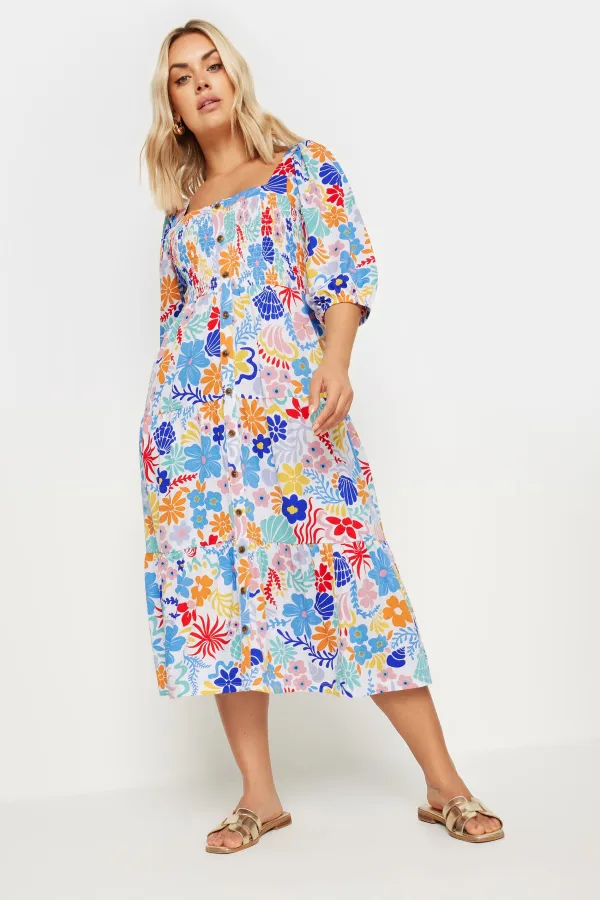 YOURS Curve White Floral Print Button Front Tiered Midi Dress