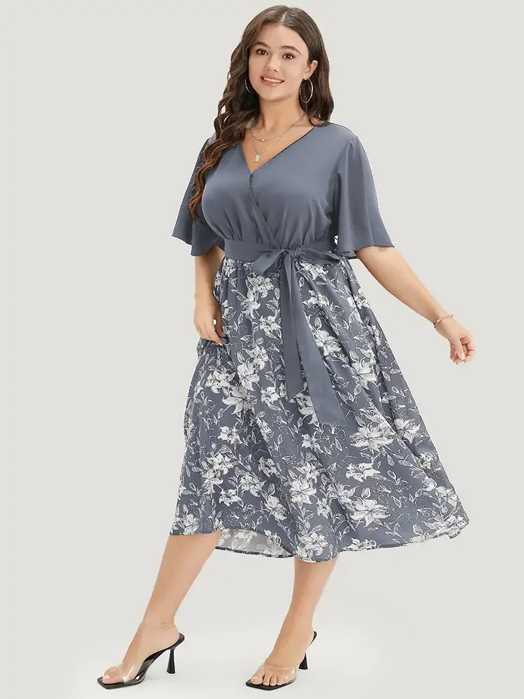 Floral Patchwork Pocket Belt Surplice Neck Ruffle Hem Dress