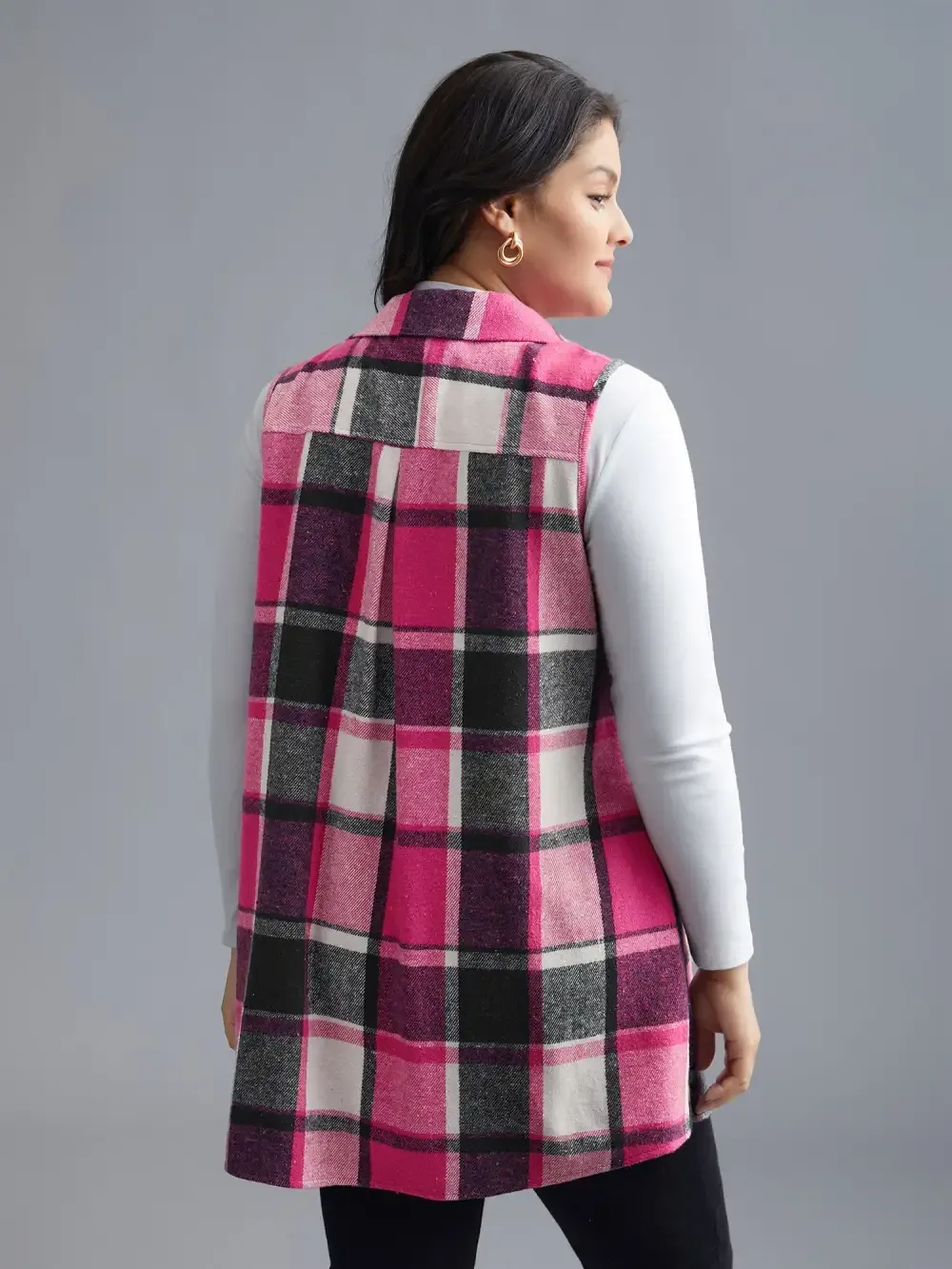 Plaid Flap Detail Sleeveless Jacket