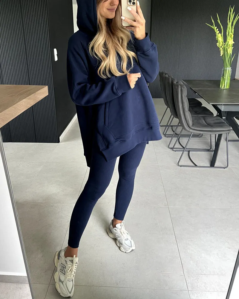 Slit hoodie pencil pants two piece set