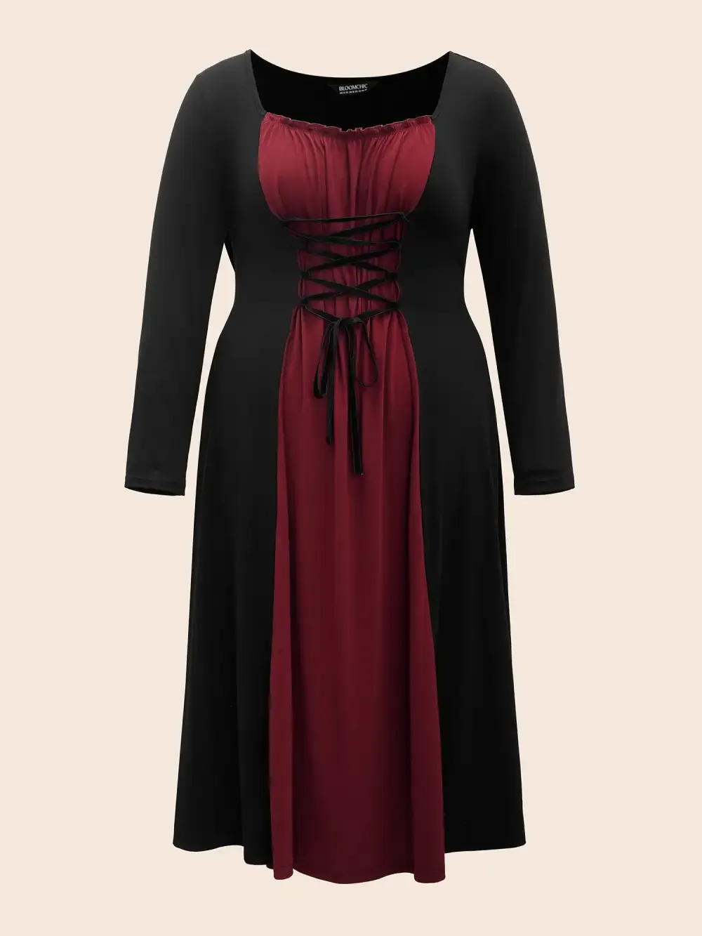 Stretchy Knit Adjustable Tie Frill Trim Midi Dress