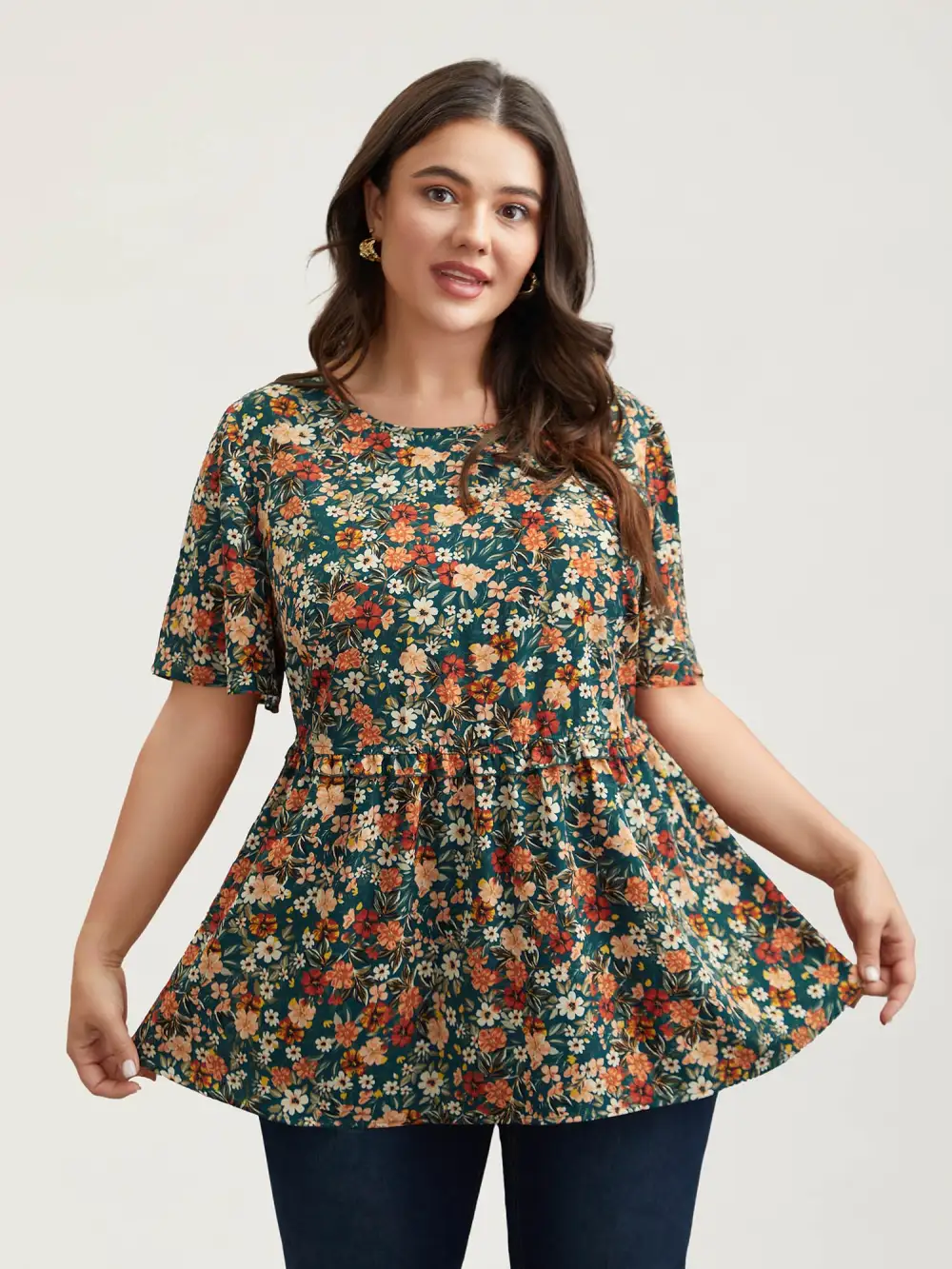 Floral Ruffled Round Neck Shirt