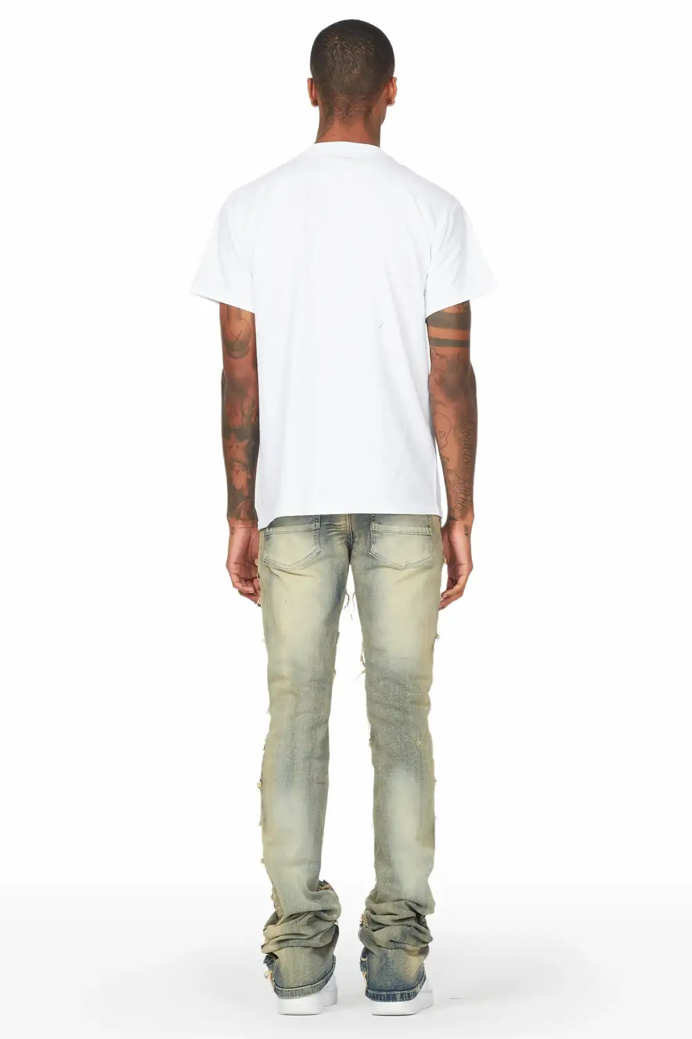 Waylon Rustic Blue Frayed Super Stacked Flare Jean