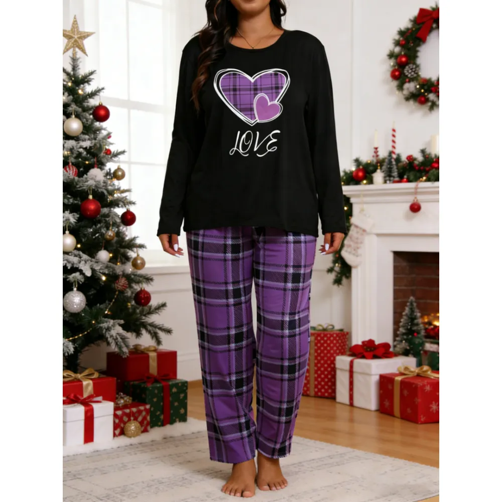 Two-piece Set Long Sleeve Heart Print Tee & Plaid Print