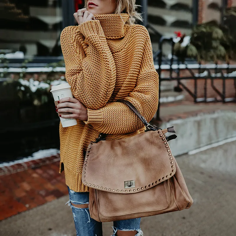 Solid Color High Neck Pullover Knitted Sweater