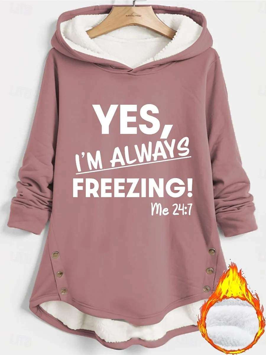 Women's Pullover Hoodie Sweatshirt Graphic Letter Warm Casual Long Sleeve Hooded Long Tops Street Dailywear Buttons Print Black Dark Pink Blue Gray Fall Winter