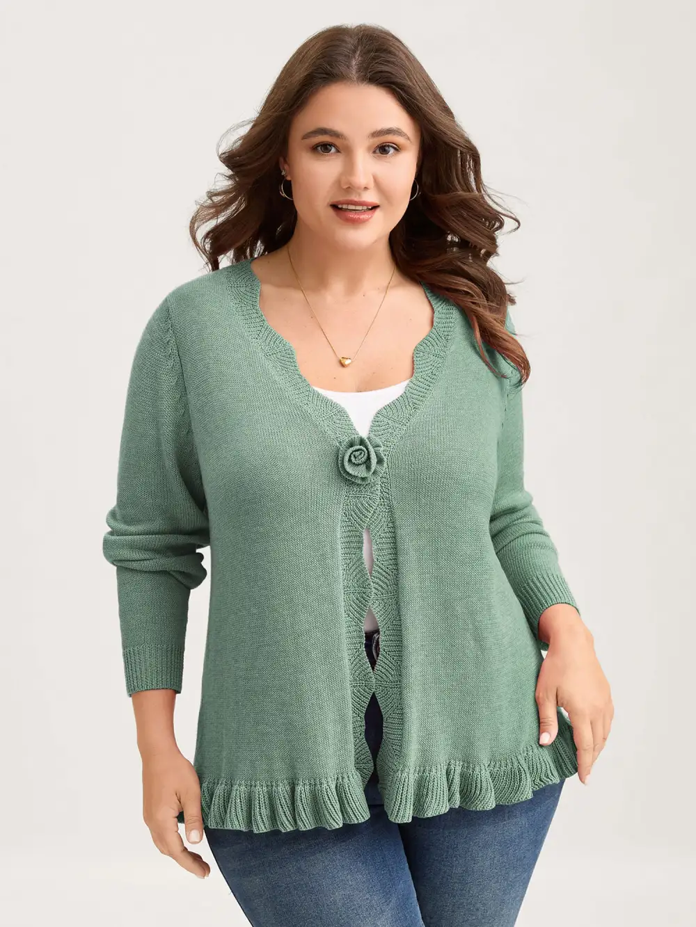 Supersoft Textured Floral Button Ruffled Hem Knit Cardigan