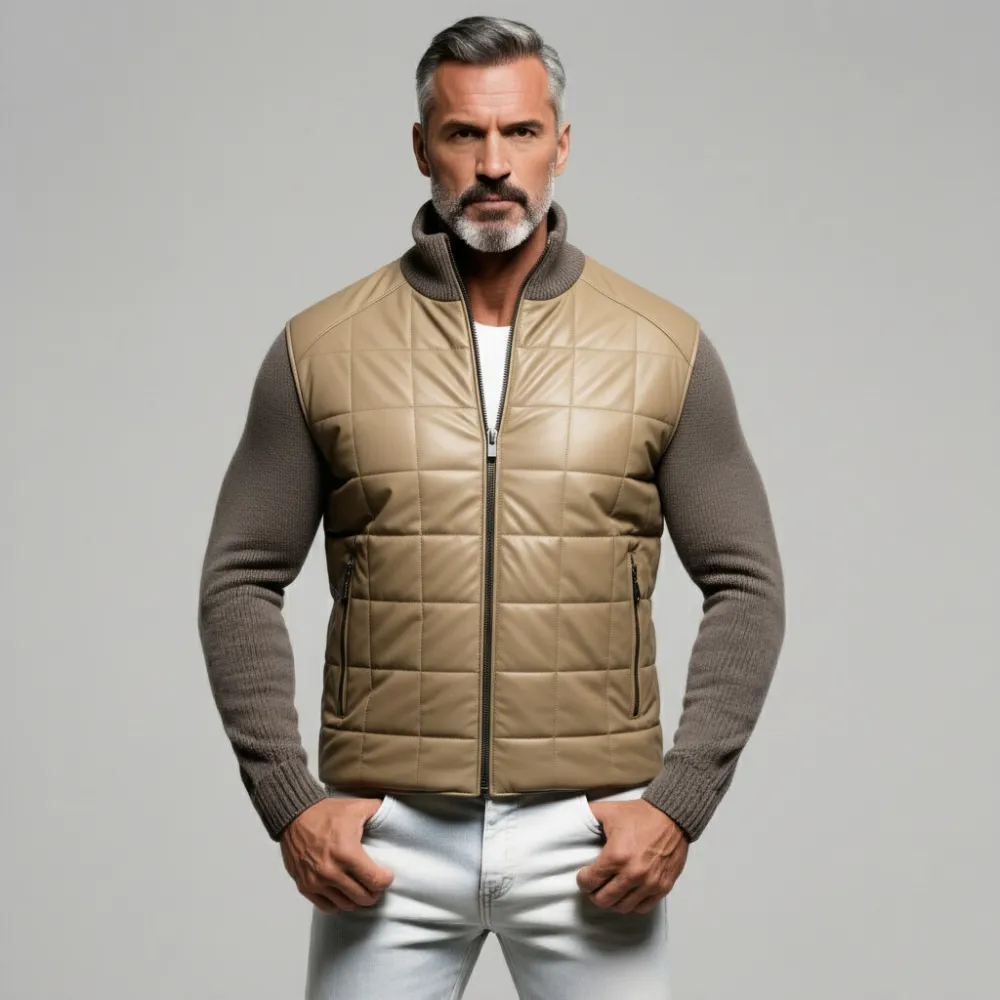 Men's Khaki Quilted PU Leather Patchwork Knitted Stand Collar Long Sleeve Zipper Pocket Jacket