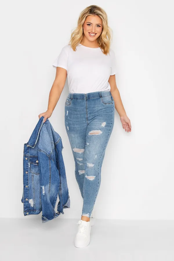 YOURS FOR GOOD Curve Mid Blue Extreme Ripped Stretch JENNY Jeggings