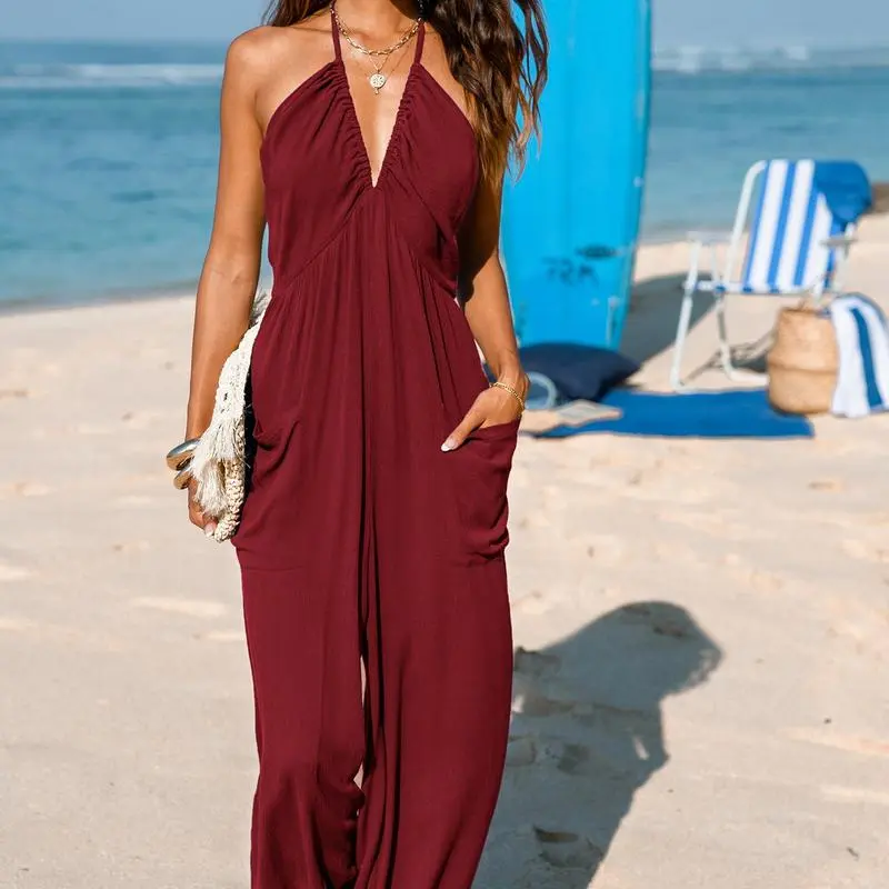 Women's Plunge Halter Jumpsuit – Sleeveless Pleated Maxi Romper with Pockets