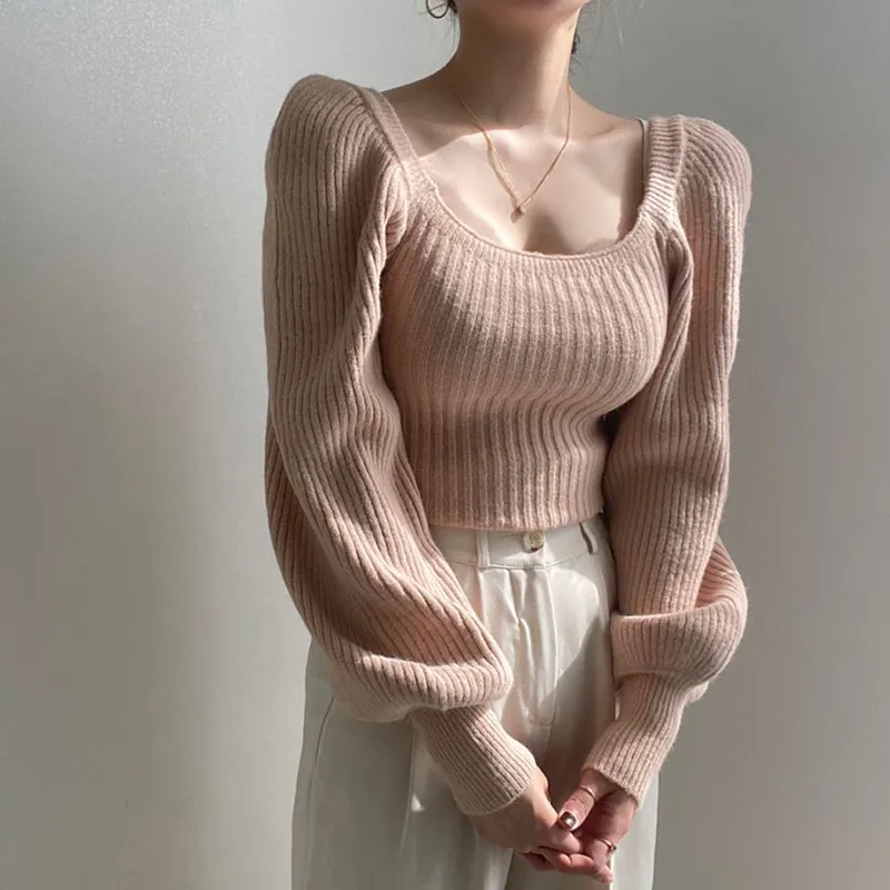 Plain Knit Top With Square Collar And Bubble Sleeves