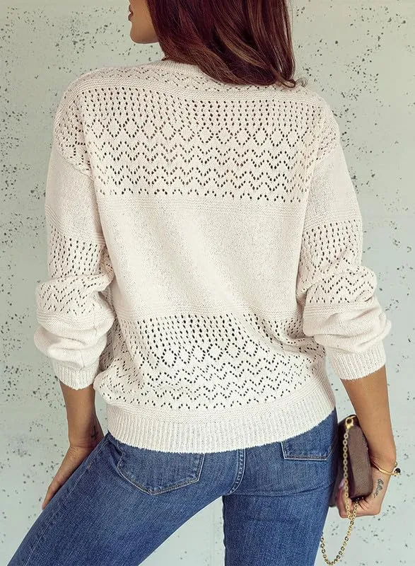 Womens Sweaters Casual Long Sleeve V Neck Lightweight Crochet Pullover Sweater Tops