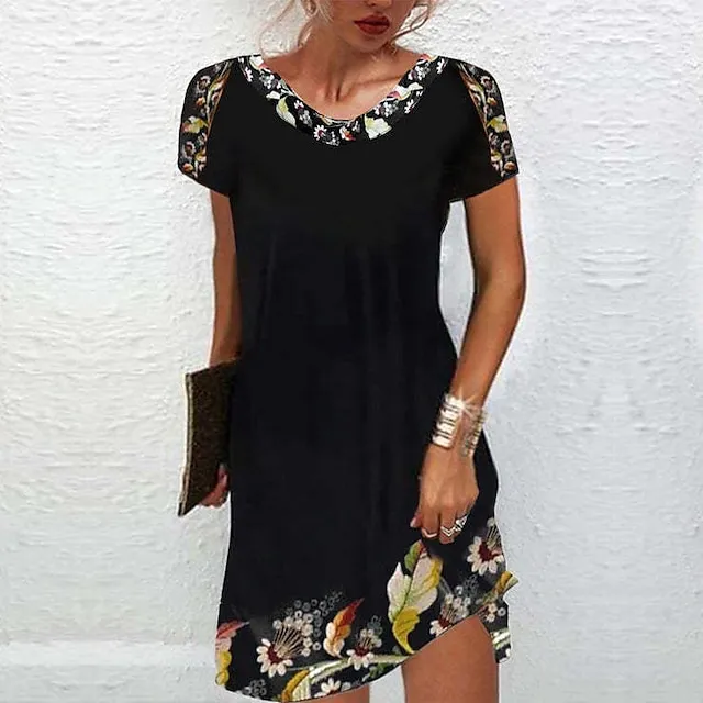 Women's Casual Dress Ethnic Dress Shift Dress Mini Dress Black White Light Green Short Sleeve Floral Print Spring Summer Crew Neck Basic Daily Vacation Loose Fit 2023 S M L XL XXL