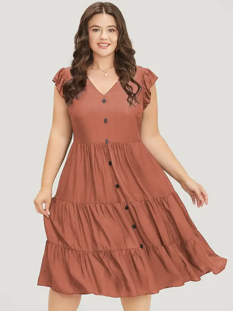 Plain Pocket Button Detail Ruffle Layered Hem Dress