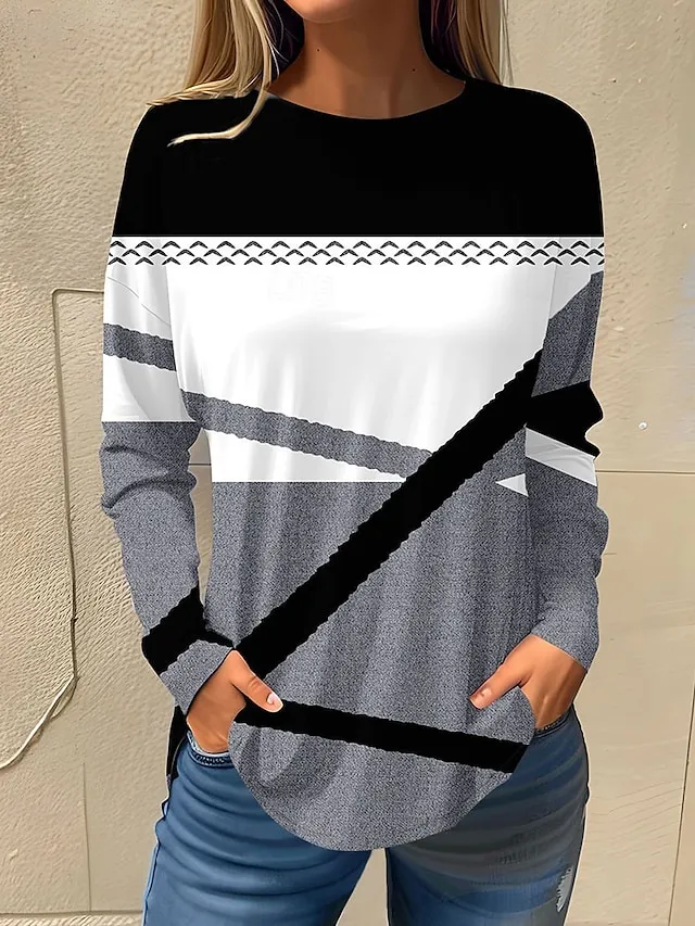 Women's T shirt Tee Floral Print Holiday Weekend Basic Long Sleeve Round Neck White Fall & Winter