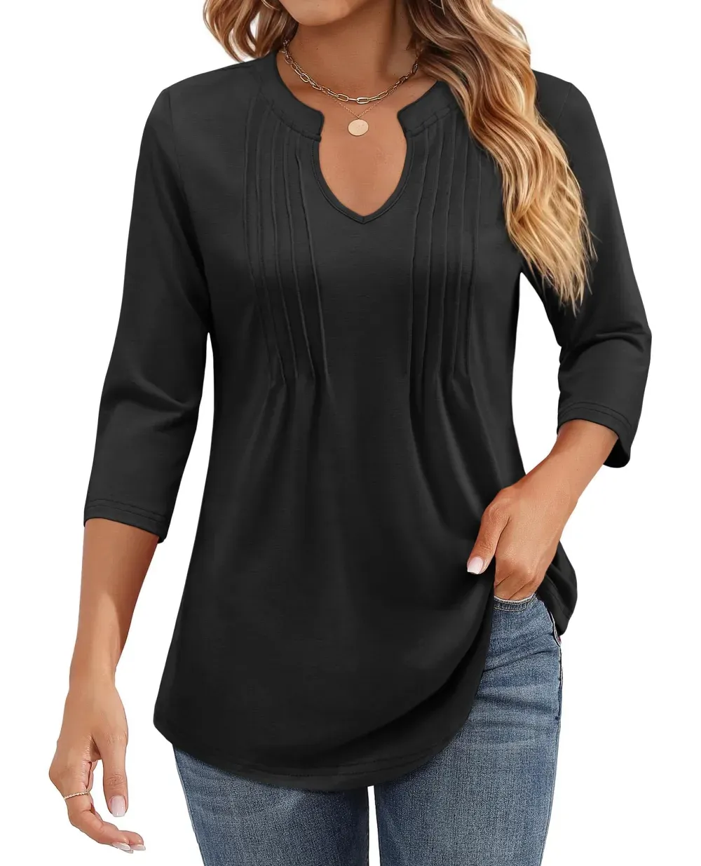 ✨Womens Casual 3/4 Sleeve Pleated Tunic Blouse