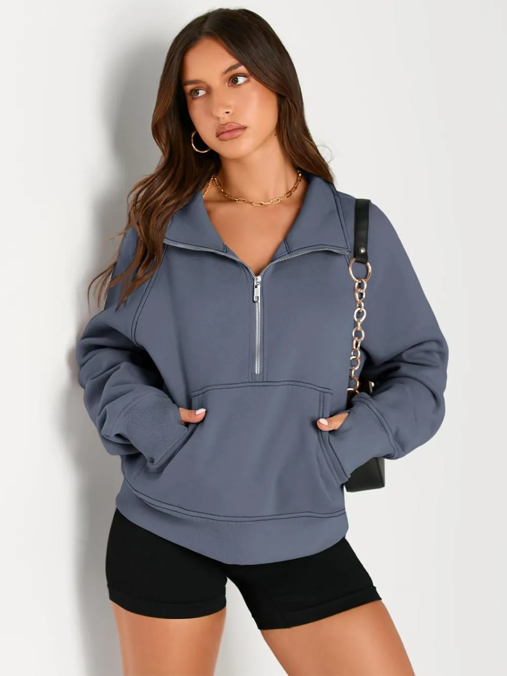 Womens Sweatshirts Half Zip Cropped Pullover Fleece Quarter Zipper Hoodies Fall outfits Clothes Thumb Hole