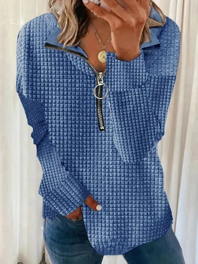 Women's Sweatshirt Pullover Textured Basic Quarter Zip Black White Blue Solid Color Street Casual V Neck Long Sleeve Top Micro-elastic Fall & Winter