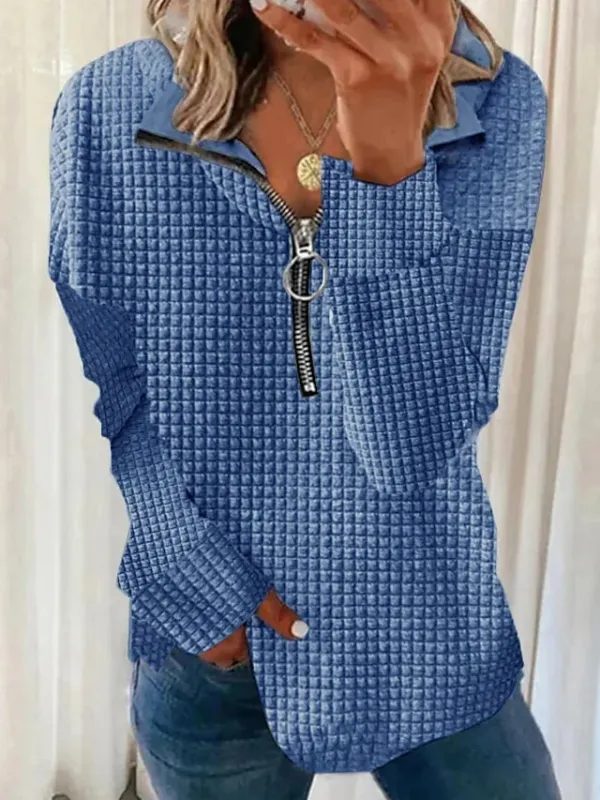 Women's Sweatshirt Pullover Textured Basic Quarter Zip Black White Blue Solid Color Street Casual V Neck Long Sleeve Top Micro-elastic Fall & Winter