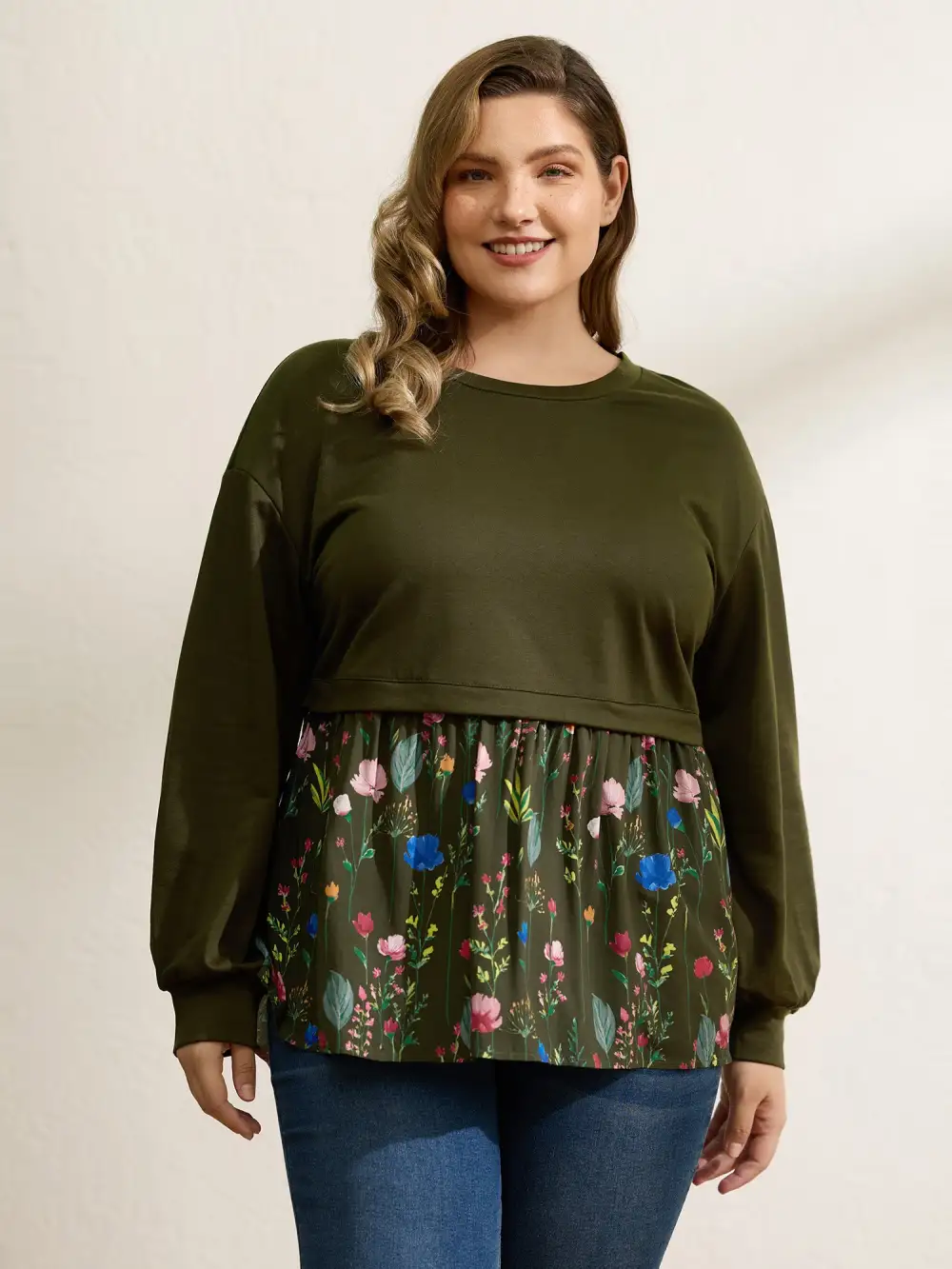 Rayon Floral Print Contrast Sweatshirt