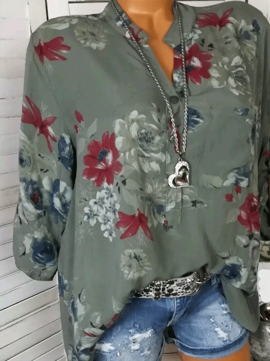 Cotton V-Neck Button Floral Printed Tops