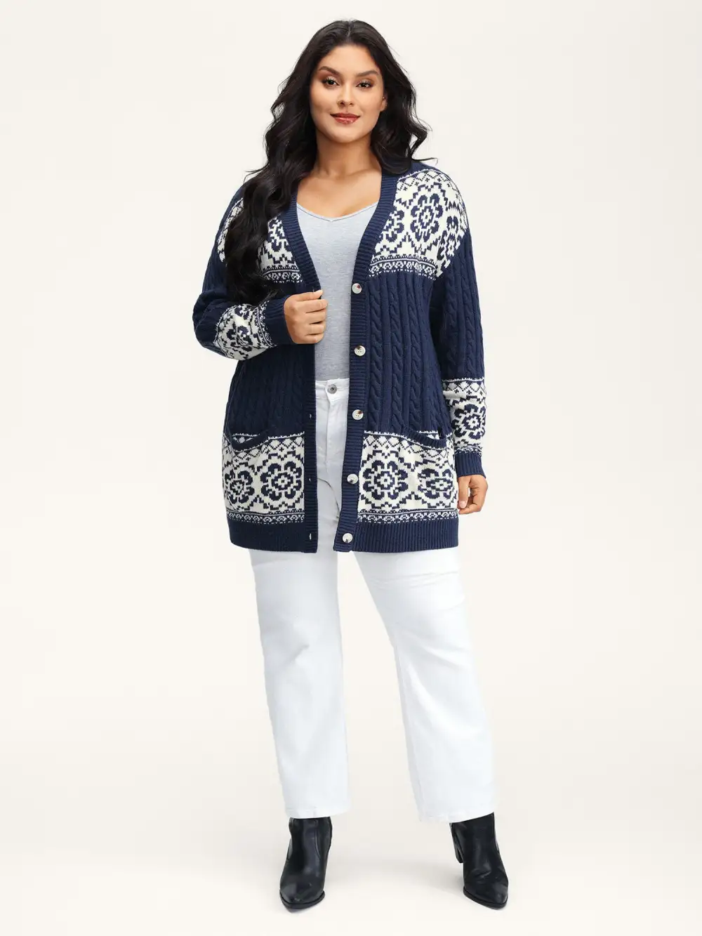 Cable Knit Floral Jacquard Pockets Knit Cardigan