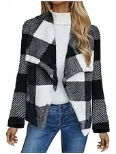 Women's Fleece Jacket Casual Jacket Comfortable Breathable Print Casual Plaid Vacation Street Casual Daily Wear Open Front Long Turndown Regular Fit Long Sleeve Outerwear Black And White Black Pink