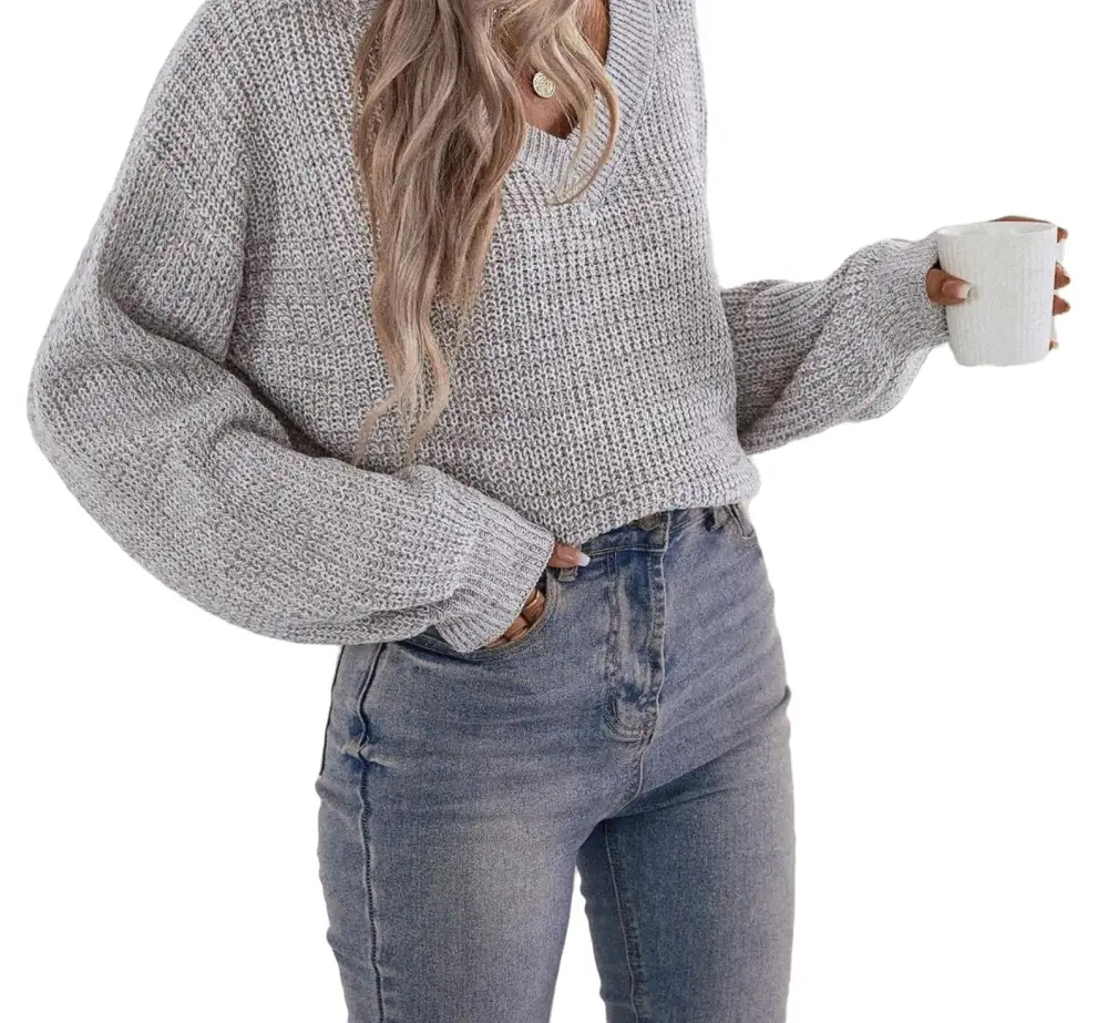Casual Plain V neck Pullovers Long Sleeve Brown Women Sweaters (Women's)