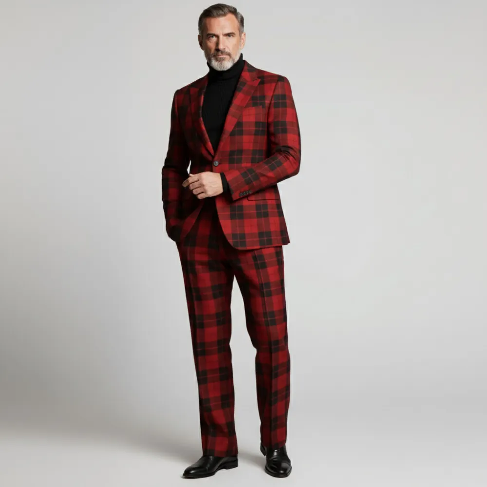Men's Business Red Peak Lapel Button Long Sleeve Plaid Blazer & Pants 2Pcs Set