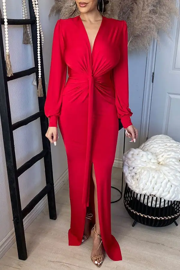 Red Simple Twisted Ribbon High Split Maxi Dress