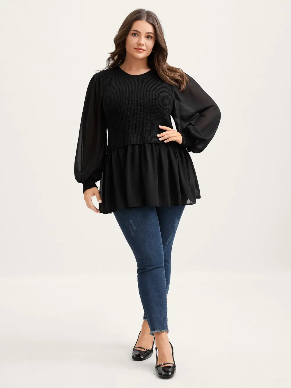 Balloon Sleeve Solid Twofer Sweater