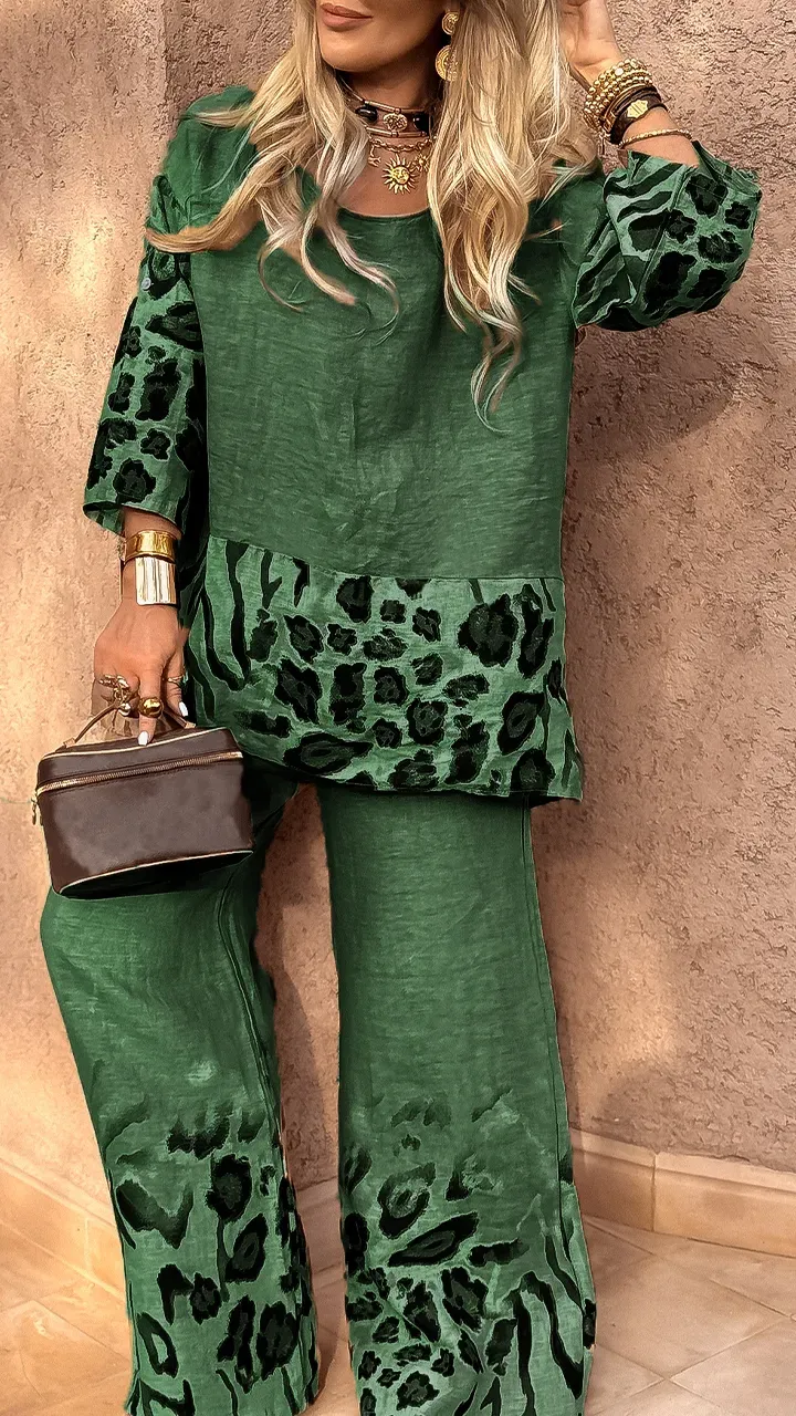 Women's Round Neck Leopard Print Cotton and Linen Casual Suit