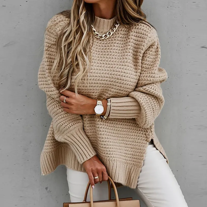 Simple Long Sleeved Thick Needle Tied Hand Side Slit Knit Sweater