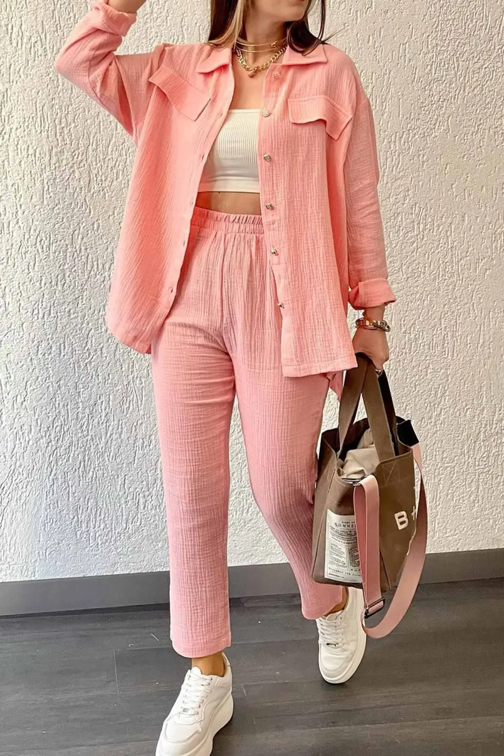 Long Sleeve Pocketed Slit Shirt Long Pants Suits