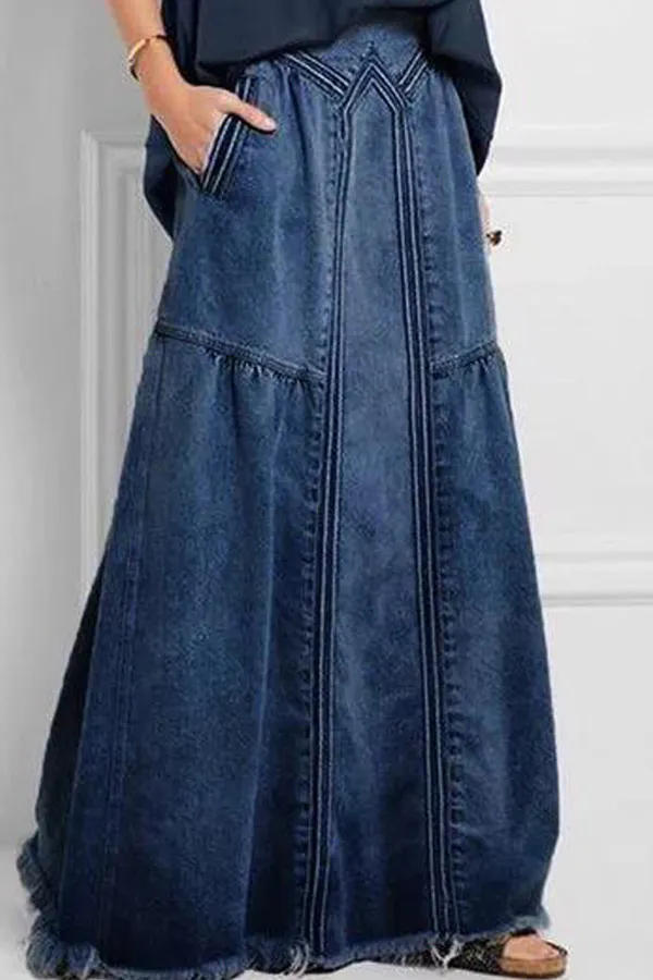 Solid Pocket Design Fringed Denim Skirt