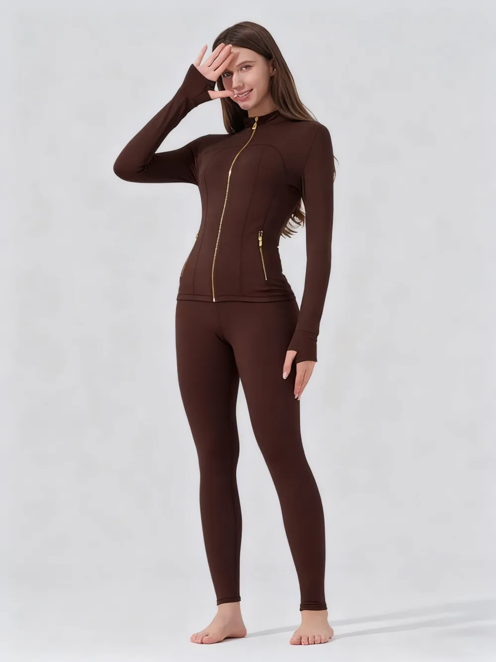 Women's  Sporty Tracksuit: Golden Zipper Pocket Jacket + Yoga Pants