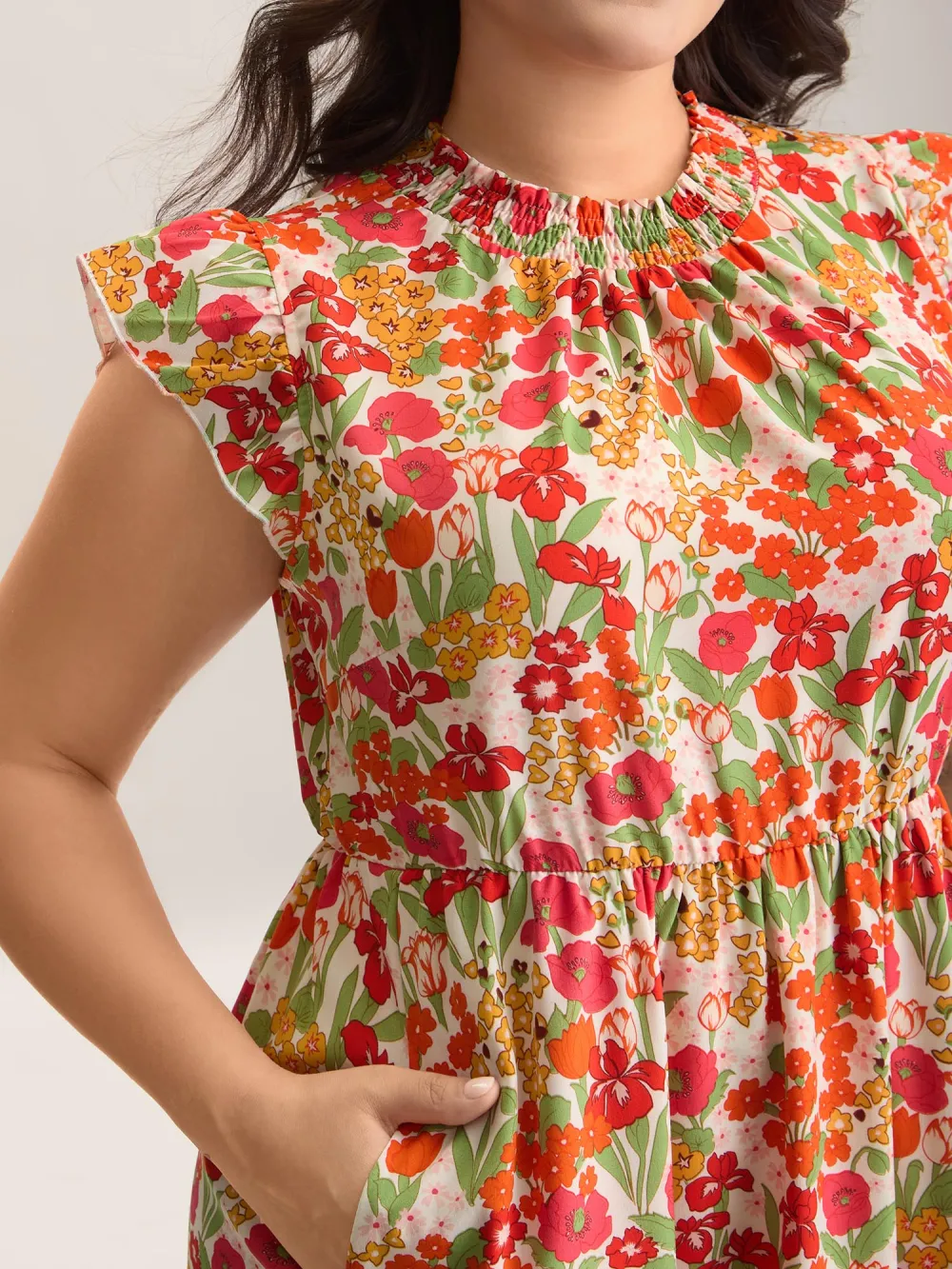 Floral Print Shirred Pockets Midi Dress