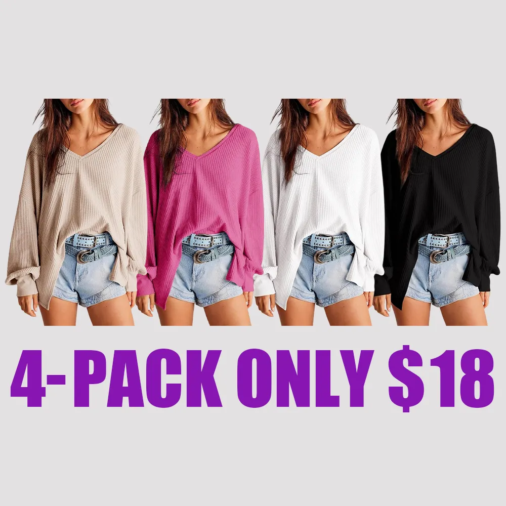 Womens Waffle Knit Tops 2025 Fashion Long Lantern Sleeve Casual Blouses V Neck Oversized T Shirts